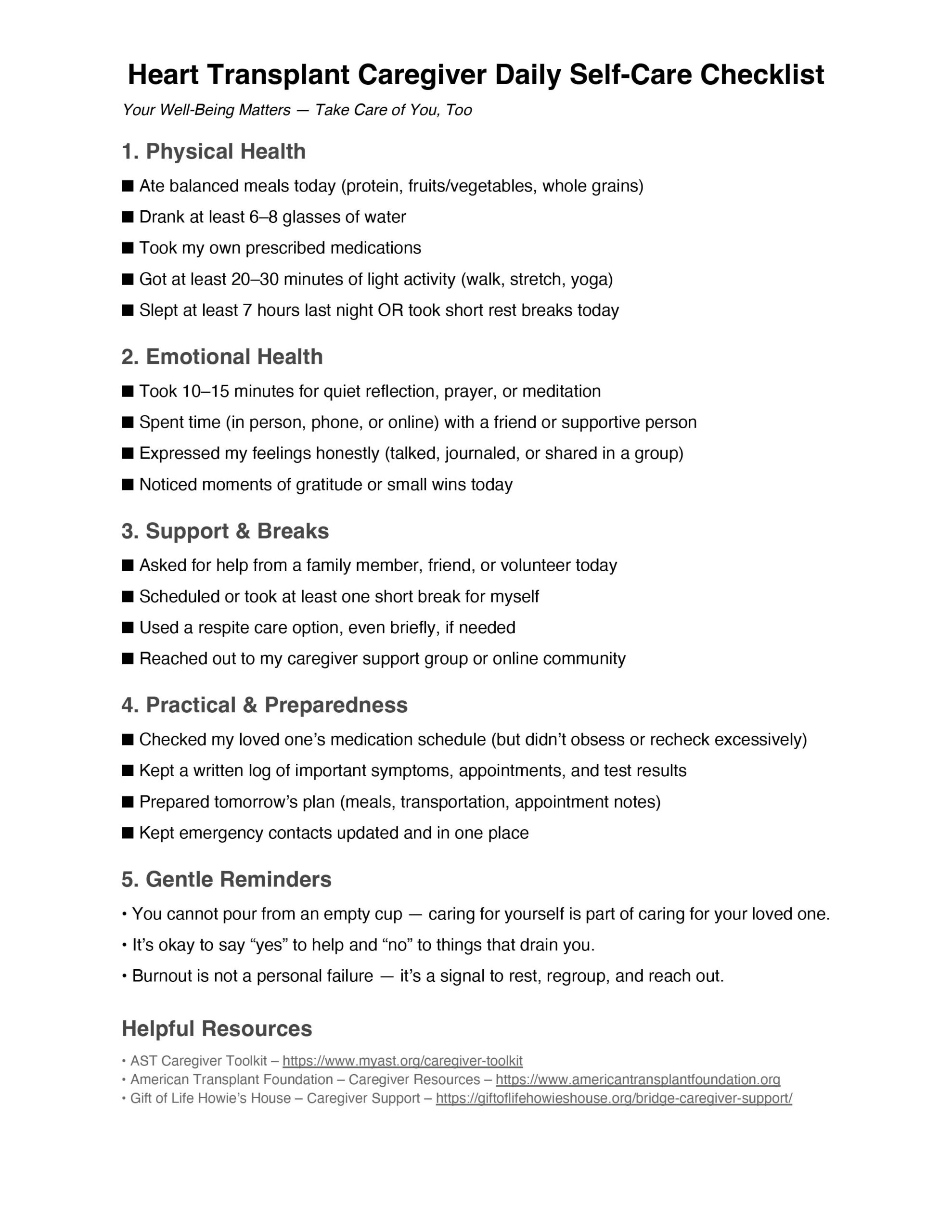 Heart Transplant Caregiver Daily Self-Care Checklist
